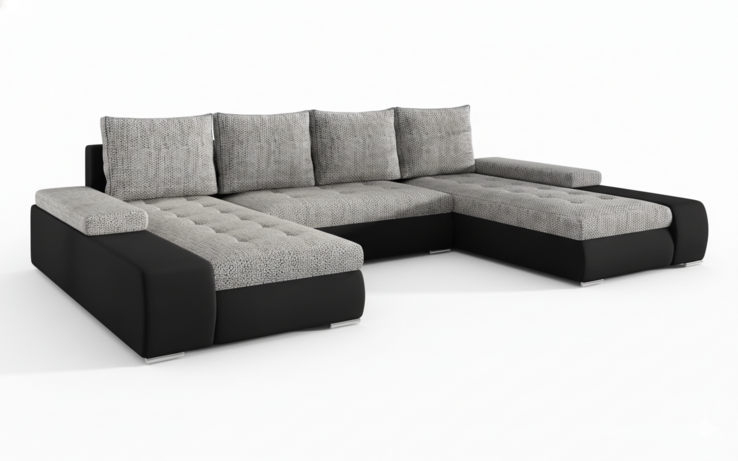Milánó U alakú sarokkanapé fekete bőr-világosszürke zsákszövet puffal